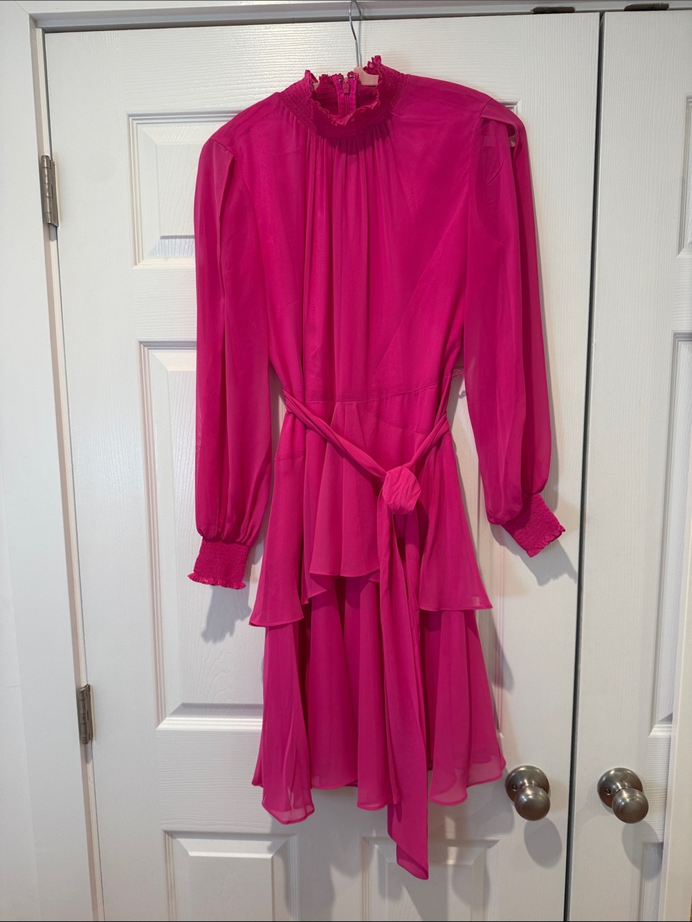 Women's Hot Pink Long-Sleeve Ruffle Tie-Waist Dress